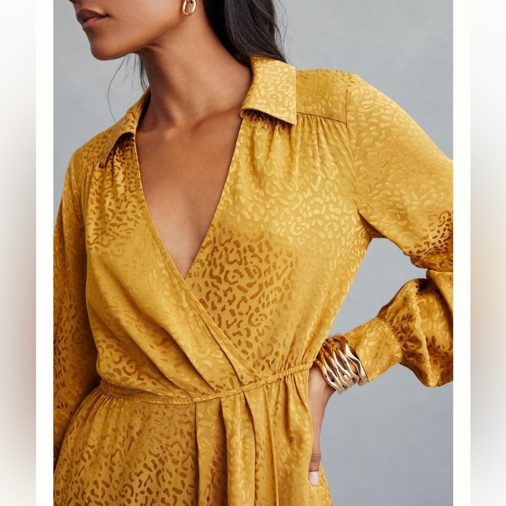 Anthropology long sleeve dress leopard print bronze gold